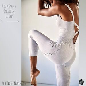 FP MOVEMENT GOOD KARMA ONESIE IN ICE GREY FULL LENGTH ONE-PIECE WOMEN’S SIZE M/L
